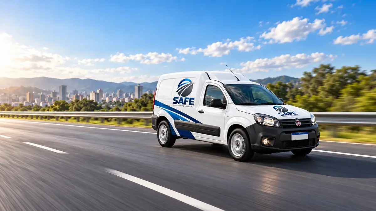 Fiat Fiorino branca da Safe Transportes em uma rodovia, com a marca visível, cidade e montanhas ao fundo